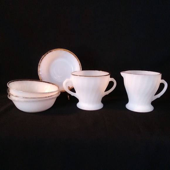 6 Pc FireKing by Anchor Hocking in White Swirl Golden Anniversary - Picture 1 of 15